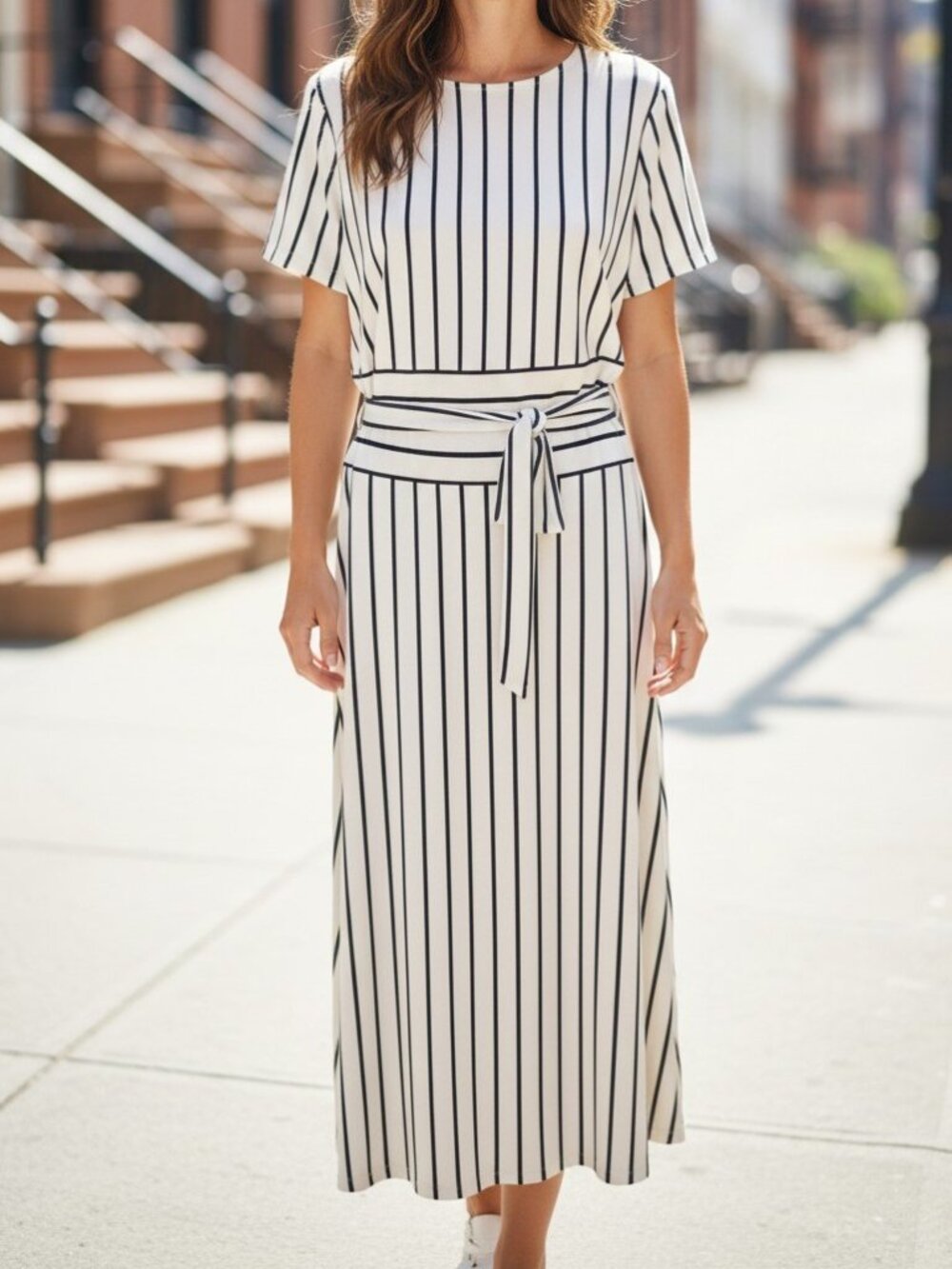 Ralph Lauren LRL Kristie Jersey Midi Dress 16 White Black Striped Short Sleeve